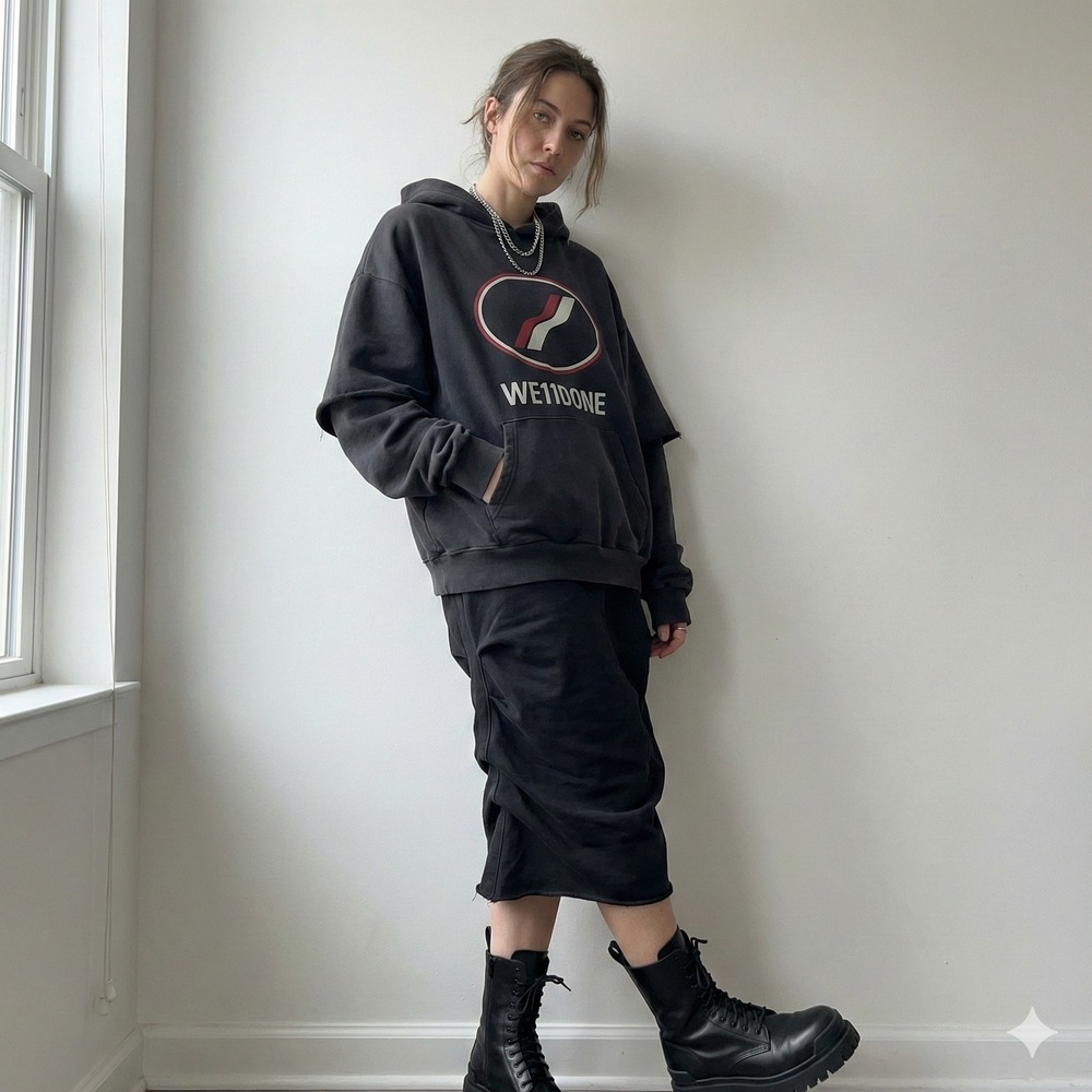 WE11DONE Midi Skirt Womens Small Black‎ Cotton Ruched Fleece Streetwear Designer